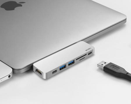 Хаб WiWU 2*USB3.0+2*Type-C+HDMI+SD+TF (T8) Серый