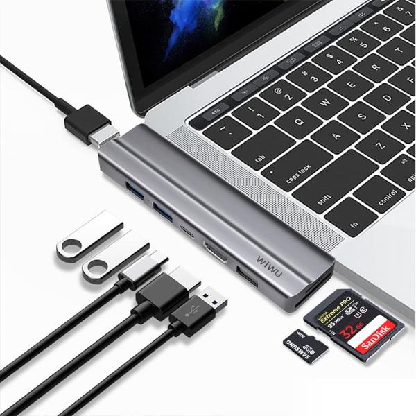Хаб WiWU HDMI*2+USB3.0*2+USB2.0*1SD+TF+PD (T9) Серый
