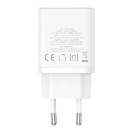 Зарядное устройство Baseus Cube Fast Charger USB-A + USB Type-C 20Вт EU Moon (P10111403213-00) Белый